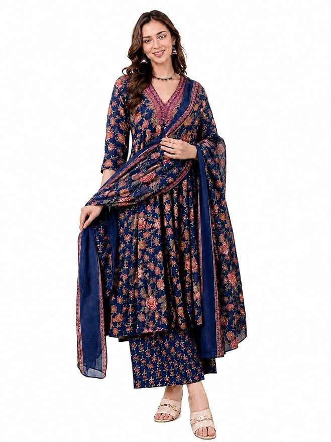Women's Rayon Printed Anarkali Kurta and Pant with Dupatta Set